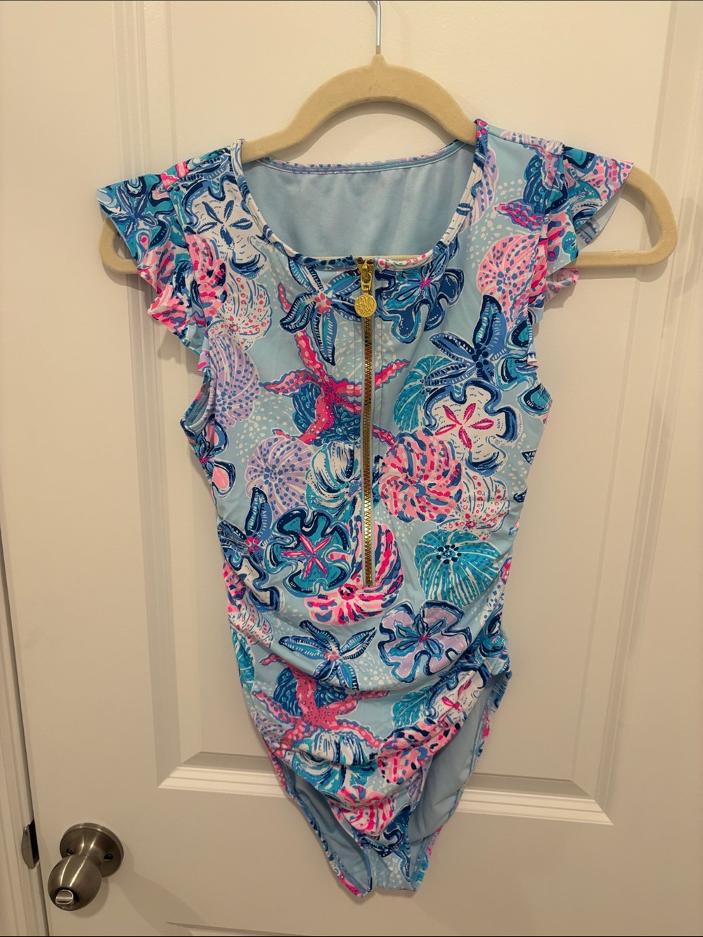 Women’s Light Blue Starfish Print One-Piece Swim with Zip